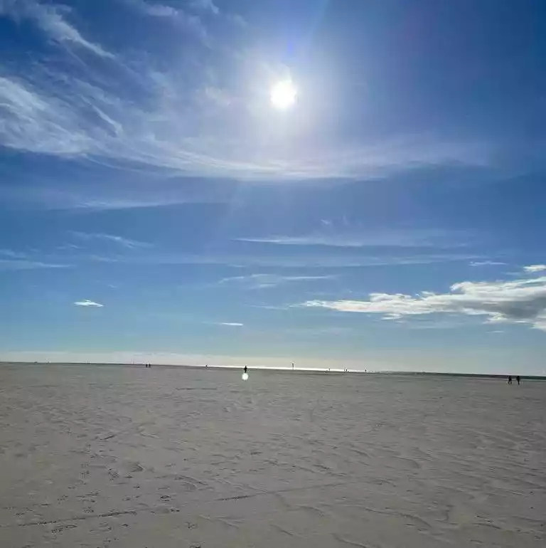 Weite Wattfläche im UNESCO-Weltnaturerbe Wattenmeer bei Vollerwiek auf Eiderstedt an einem sonnigen Tag