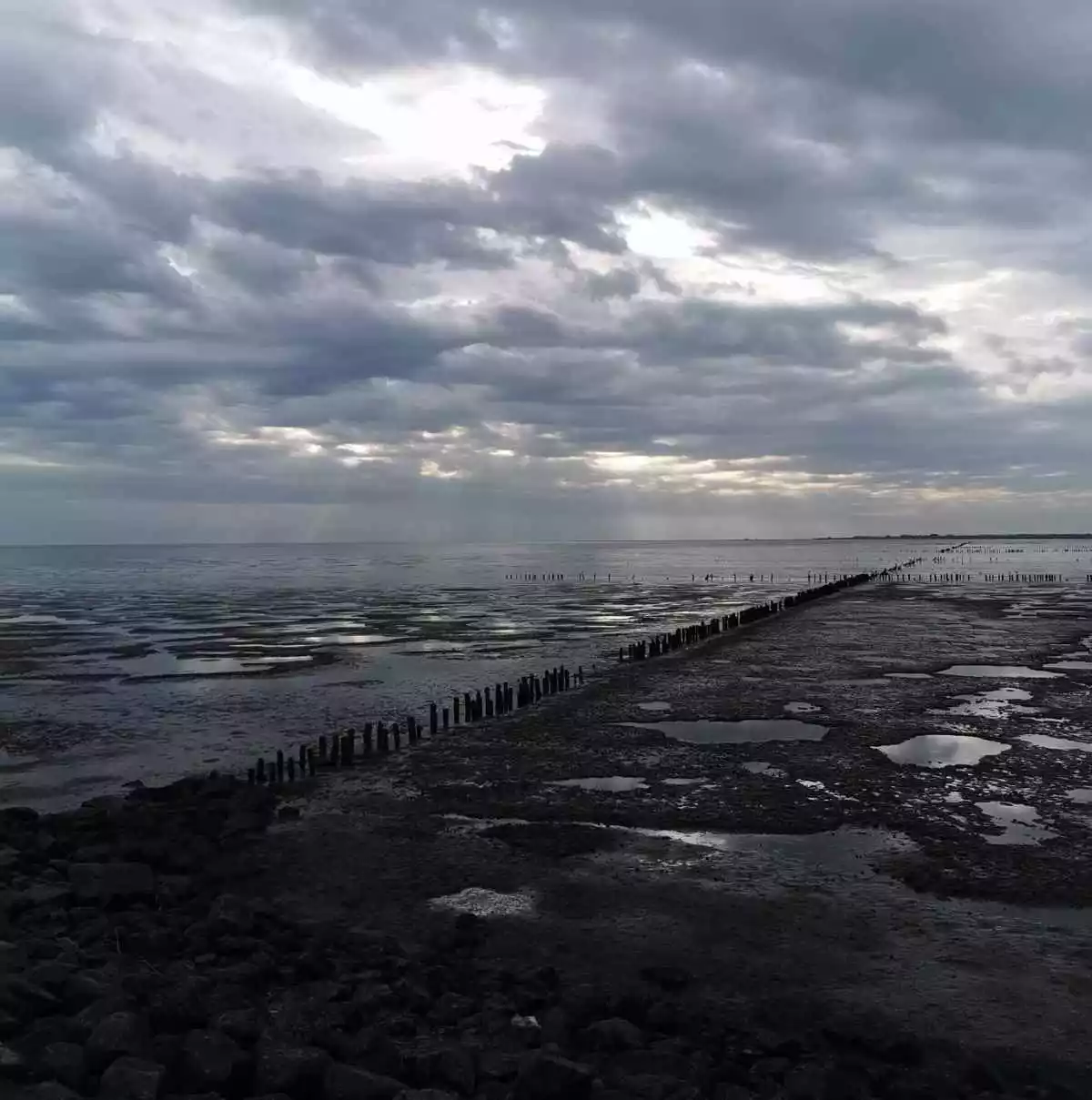 Dramatische Wolkenformationen über dem Wattenmeer in Vollerwiek auf Eiderstedt bei Ebbe